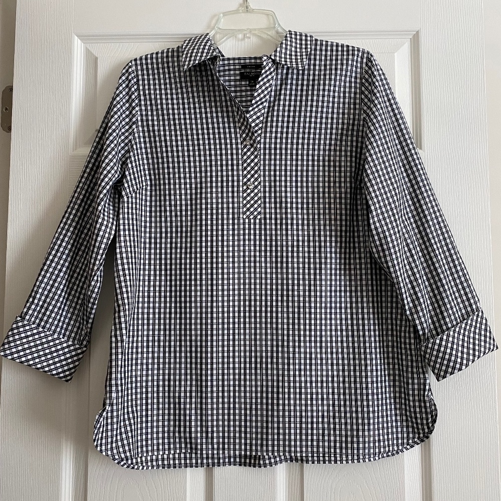 Black/white/silver plaid blouse